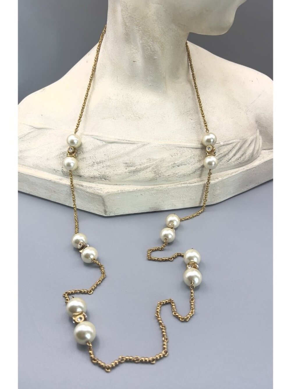 J CREW Signed 40” Opera Length Pearl & Crystal Stations Gold Chain Necklace